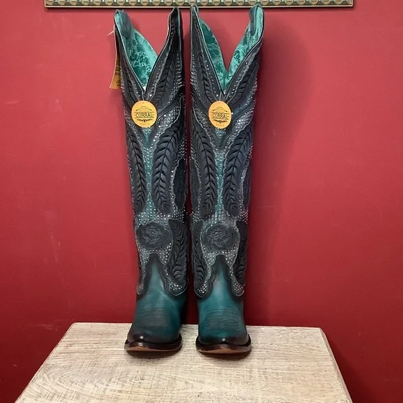 CORRAL Willow Over The Knee  Black & Turquoise Western Boots ~3” Heel Inside Zip - Picture 7 of 16